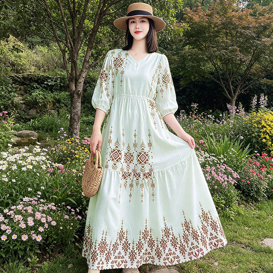 
Summer floral dress waist-covering belly cotton silk women's fat mm loose slimming cotton silk long dress cake dress