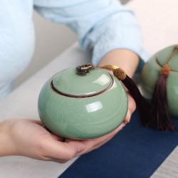 Longquan Tangjiang Celadon Large Tea Storage Jar Ceramic Tea Set Portable Pu'Er Tea Sealed Jar Large Tea Canister