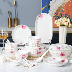 Ten-Piece Bowl and Plate Set for Home Use, Housewarming, New Bowls, Red Flower Chinese-Style Bowl and Chopsticks Set, Gift for Moving In, Ceramic Tableware