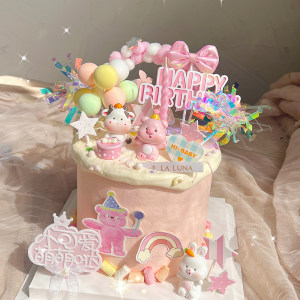 
Internet celebrity children's pink girl birthday cake decoration ornaments tiger cow monkey pig cartoon bunny animal plug-in