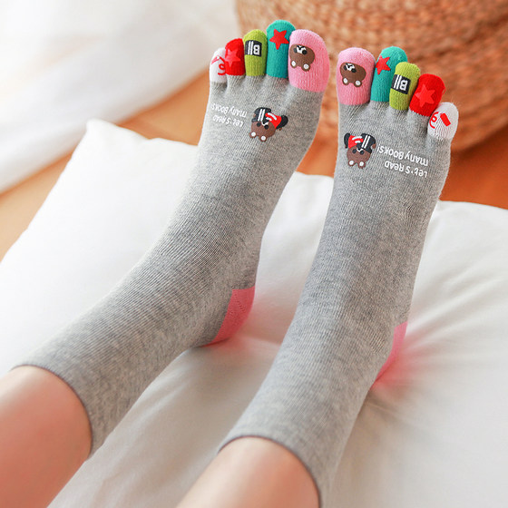 New bear spring and autumnal equinox toes 100% genuine five-finger socks cute pure cotton all-cotton cartoon middle tube style women's socks
