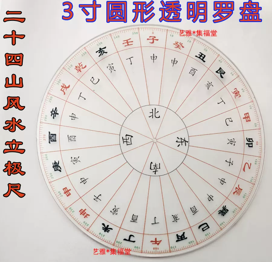 圓形二十四山風水方位立極尺 3寸精準透明羅盤山水地理家居佈局尺-Taobao