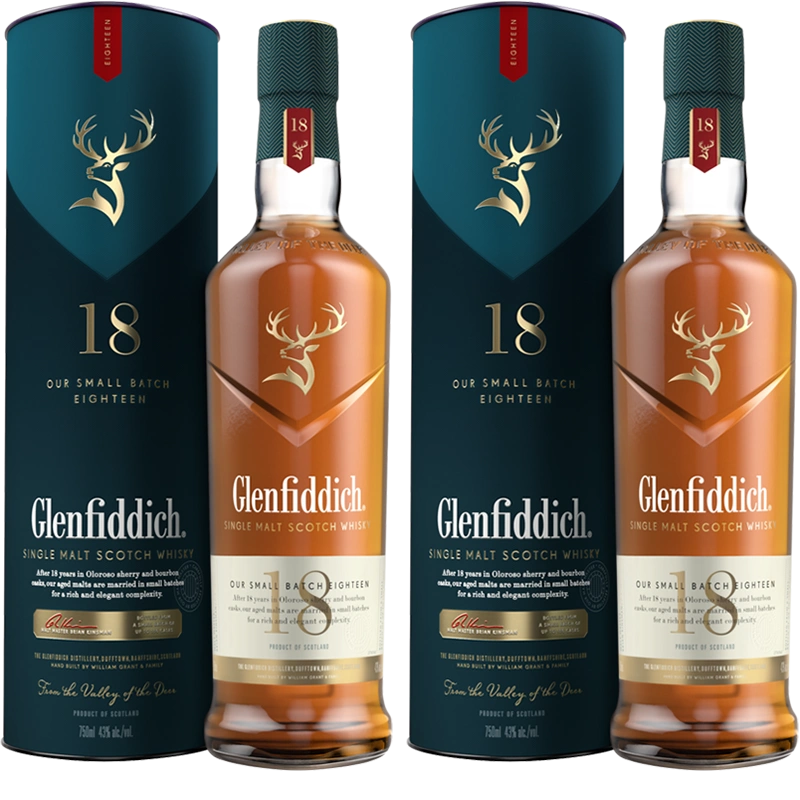 2支装】Glenfiddich格兰菲迪18年单一麦芽威士忌700ml×2瓶收藏