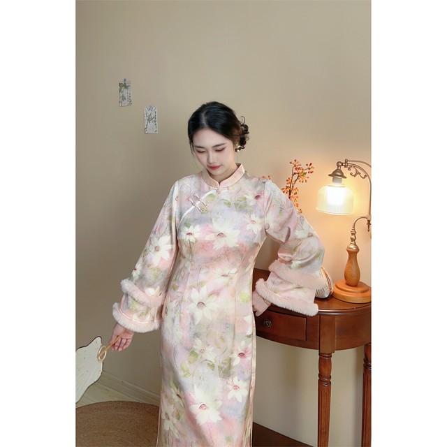 
Lotus original design plus velvet and thick pink girl shy plus size fat mm cheongsam dress