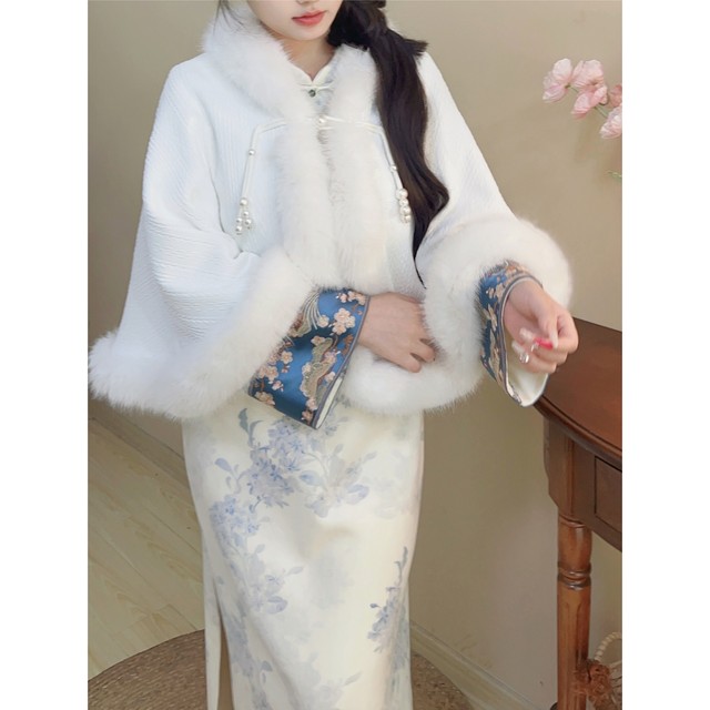 Winter plus velvet thickened noble new Chinese -style shawl shirt warm with cheongsam cloak girl