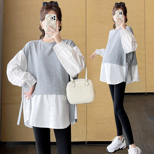 
Large size maternity sweatshirt spring and autumn suit mid-length fake two-piece shirt fashion trendy mom casual long-sleeved T-shirt 200*0.5kg