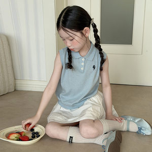 
Girls summer sleeveless polo shirt thin Korean style lapel college style vest foreign style little girl breathable top new