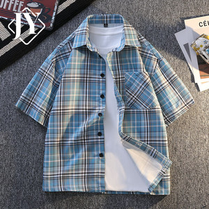 
Summer new blue plaid shirt men's short-sleeved summer high-end American plaid shirt ootd wear jacket