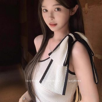 
Hot girl's off-shoulder string bow design short top