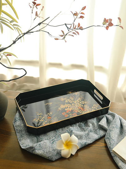 銅盤  果盤  茶盤 東坡愛竹屏風 茶盤  置物  装飾品 工芸品 美術品 日本进口前重漆器长手托盘日式手绘水果盘结婚乔迁礼物高端茶盘