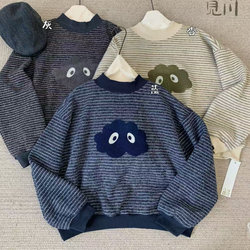 Jibujianchuan 825681 Winter Korean Style Loose Plus Size Lazy Casual Retro Striped Fleece Sweatshirt