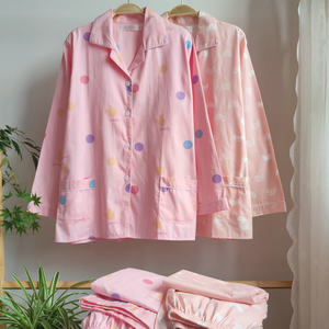 Female woven oblique cotton cartoon long -sleeved pajamas set cartoon Mickey crescent lapel sweet print home service
