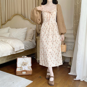 
[Dear YN] Gentle style French floral corduroy suspender skirt mid-length dress autumn and winter long skirt for women