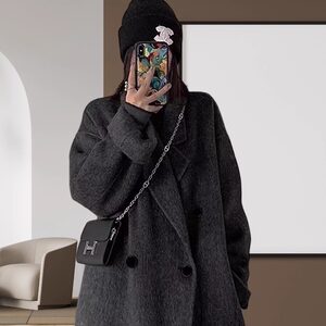 
High-end black and gray double-sided cashmere coat for women 2025 autumn and winter new arrival mid-length small woolen coat