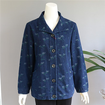 Middle-aged and elderly women spring and autumn pure cotton denim jacket elderly people plus fat middle-aged jacket large size windbreaker cotton mother suit
