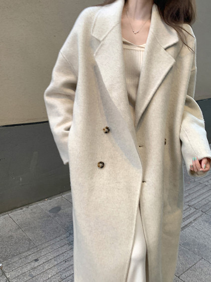 Autumn and winter oatlin cashmere woolen solid color double -sided wool coat female middle length small Korean woolen coat
