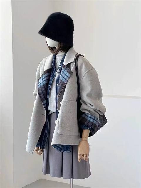 Short suit double-sided wool coat for women 24 autumn and winter Korean style new loose small plaid hand-sewn woolen coat