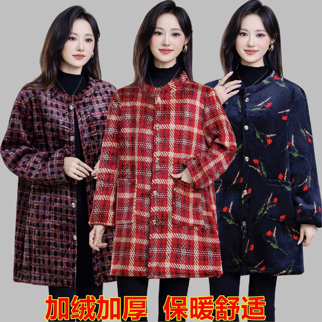Winter flannel loose plus velvet thickening mom women's kitchen apron stain-resistant warm oversized overalls
