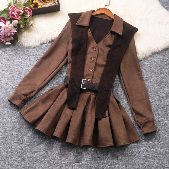 
Real photos of Korean elegant design-sensing lapel shirt with high waist skirt and knitted shawls and multiple-wearing dresses