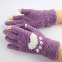 Winter Gloves for Women, Thick Plush, Touchscreen Compatible, Two-Finger Exposed, Comfortable Crystal Mink, Cute Bear Paw, Korean Style, Student Writing, Trendy