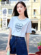 Xiangying blue T-shirt women's short-sleeved 2024 summer new round neck letters love casual loose shoulder top