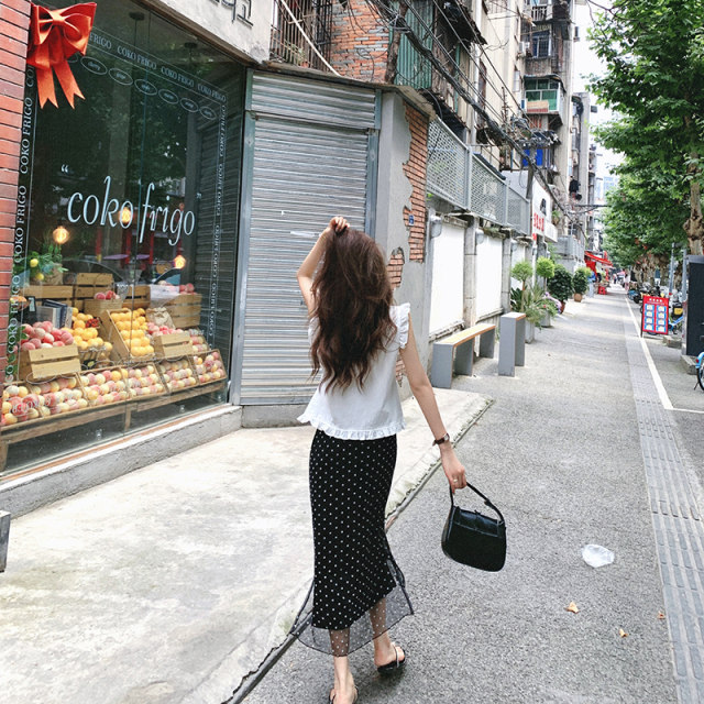 BIGYU double split mid -long long gauze skirt in summer new temperament high waist, thin waist thin, wild straight skirt
