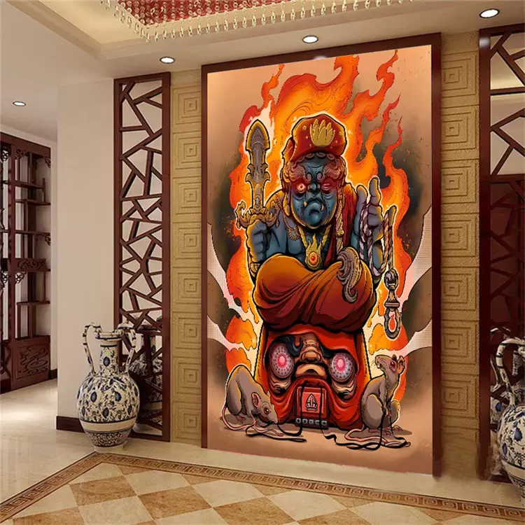 紋身店壁紙裝飾牆布紋身壁紙不動明王背景牆壁畫掛布主題