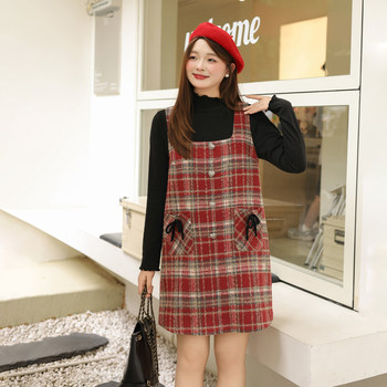 
DM100 large size 100% women's clothing slightly fat mm in autumn and winter sweet layered woolen red checkered vest dress