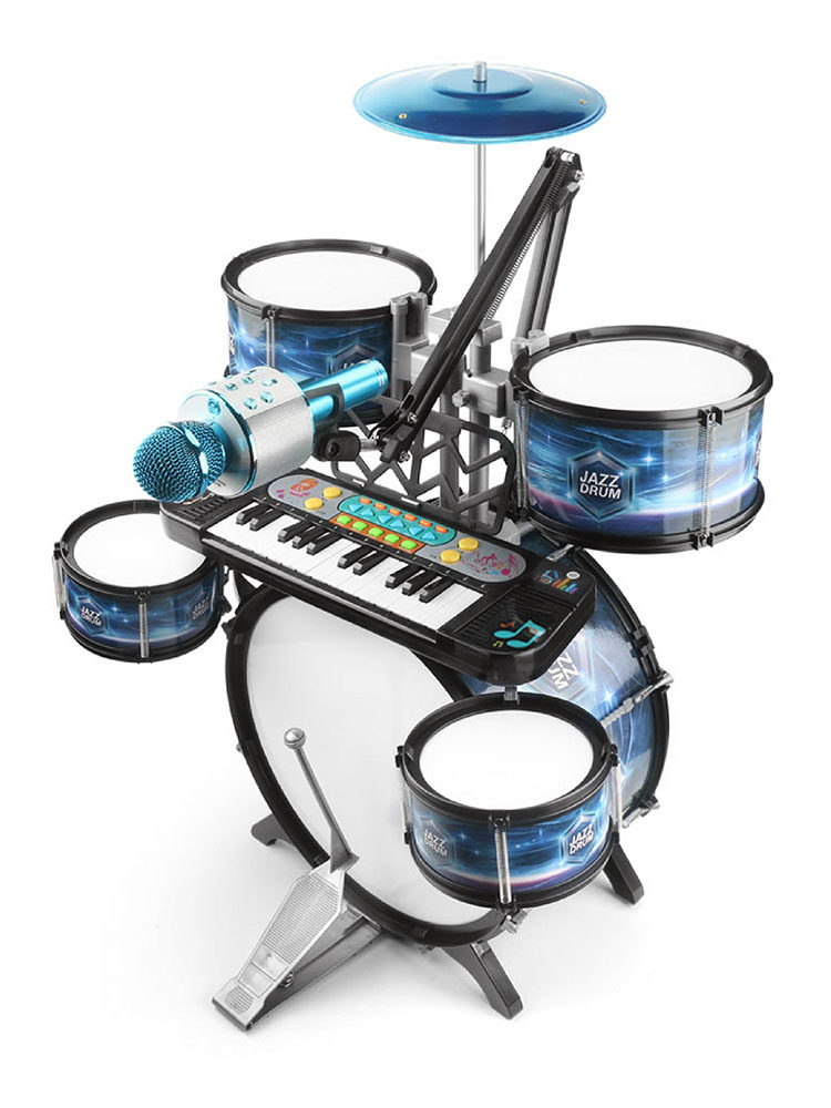 Baroni Toys Batería Infantil – Set Completo Con Tambores Y Platos, 8 Piezas Con Taburete Azul, Juguete Musical Educativo Para Niños +3 Años