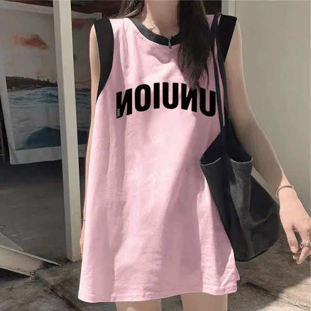 Black pink fake two -piece sports suspender vest Female wearing loose and thin design sensation, sleeveless shoulder top

