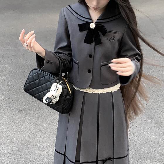 
Summer and wind chimes, foreign tea girl, original design, sailor neck bow, college daughter-in-law lace suit