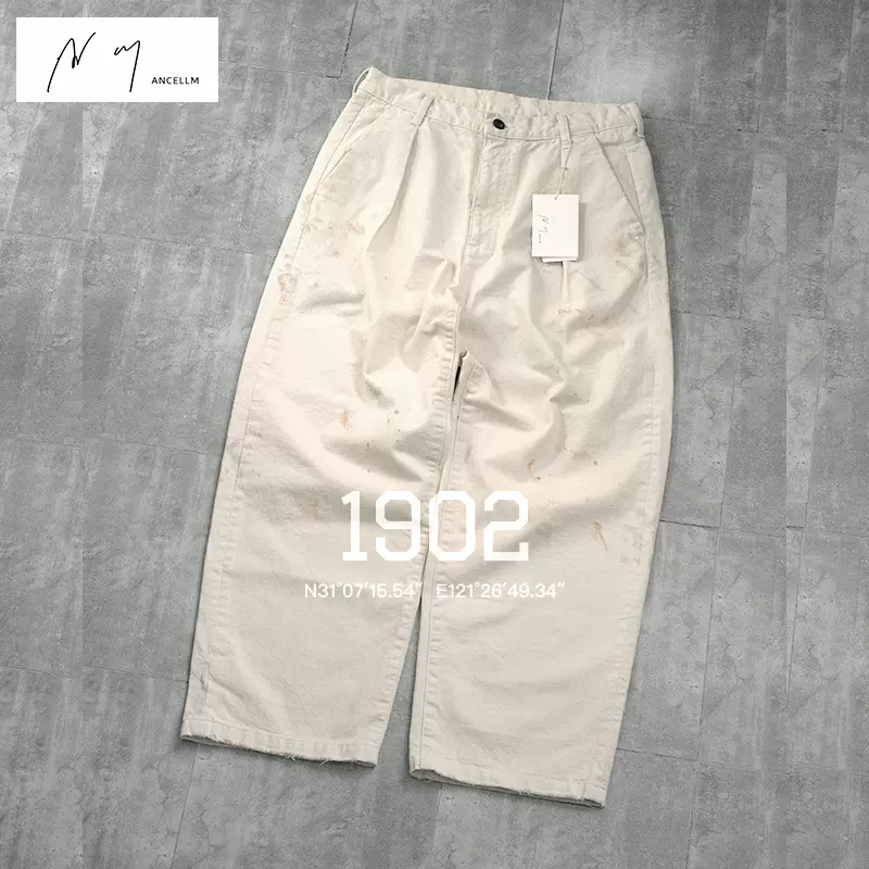 现货ANCELLM 24SS PAINT CHINO 日产泼漆破坏双褶直筒休闲裤-Taobao Vietnam