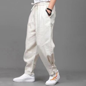 
Linen long trousers for men summer thin Chinese style casual pants breathable loose men's straight cotton and linen trousers for small feet