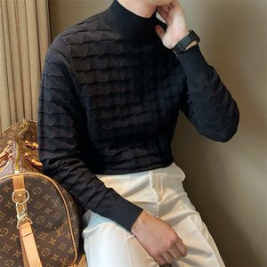 
Mr. NR British style solid color half-high neck gentleman men's knitted pullover long-sleeved wavy pattern stretch base sweater