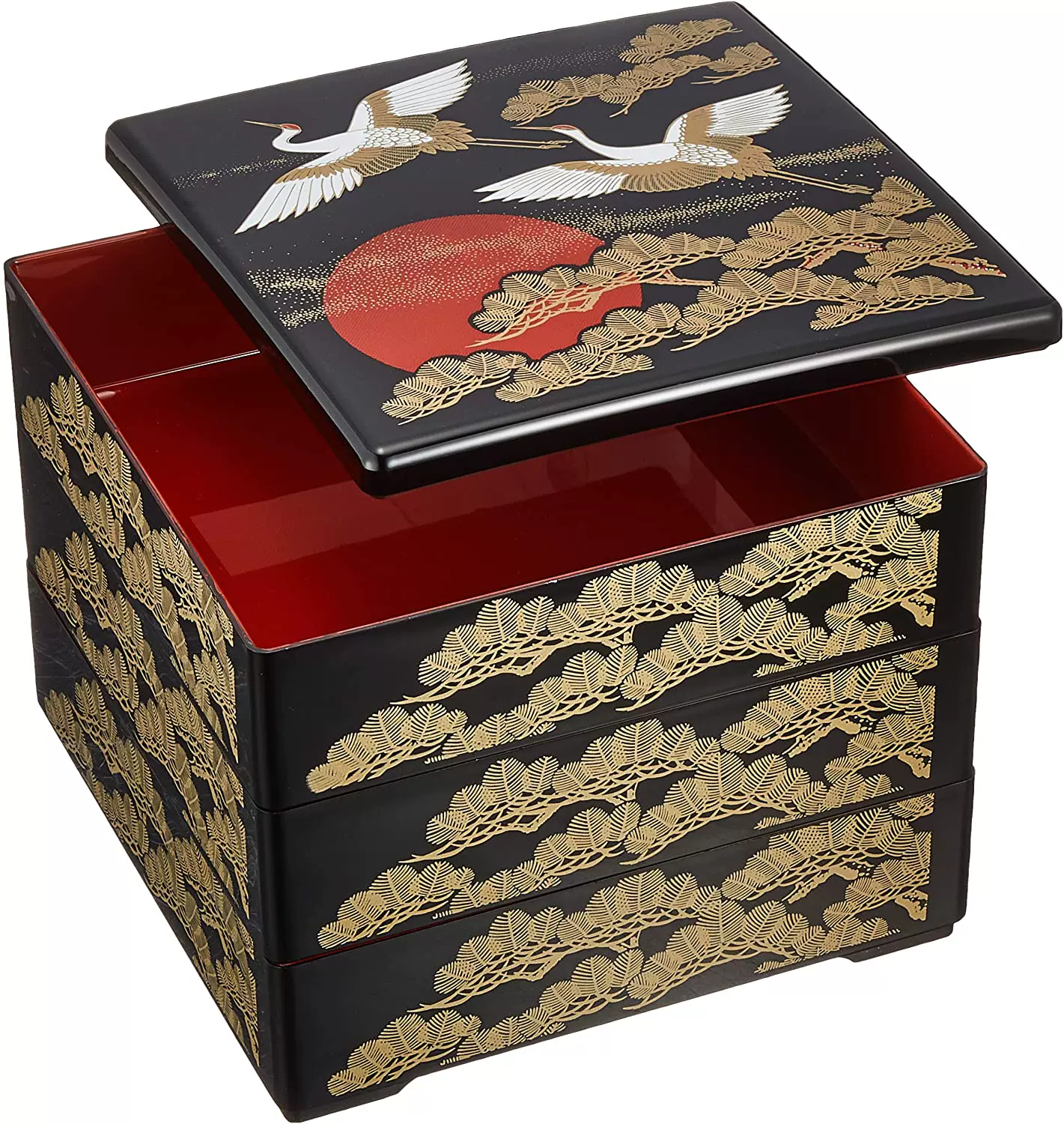 日本若泉漆器3段重箱6.5寸黒內朱塗日の出鶴多層便當盒-Taobao