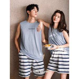 
Beiyan pure cotton couple pajamas for women in summer thin sleeveless shorts home clothes large size men's sports vest set