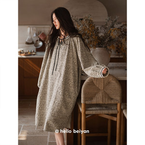 
Beiyan's new modal cotton pajamas for women spring and autumn long-sleeved retro leopard print nightgown lazy loose girl dress