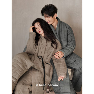 
Beiyan winter thickened quilted couple's pajamas women's mid-length nightgown set men's velvet warm cotton jacket home clothes
