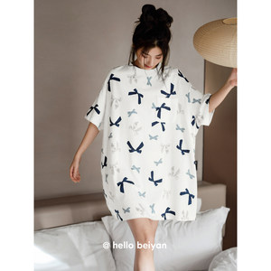 
Beiyan pure cotton nightgown for women in summer round neck short sleeve bow pajamas casual girl large size short dress