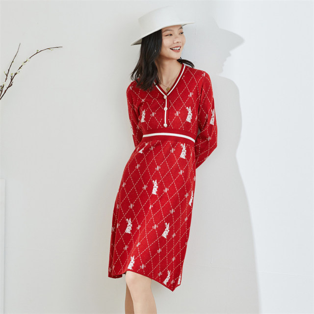 Jinju celebration style new contrasting color V -neck rhombus rabbit ...