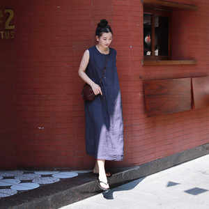 
Yu Wen Tacheng Original Women's Summer Dyed Linen Purple Sleeveless Long Skirt Literary Simple Slim Dress