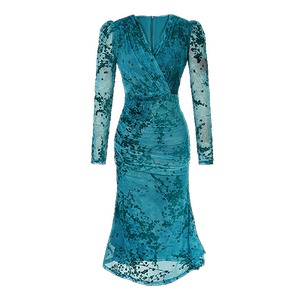 
Mid-length puff sleeves V-neck dress autumn banquet mermaid ink high waist fish tail skirt retro slim skirt