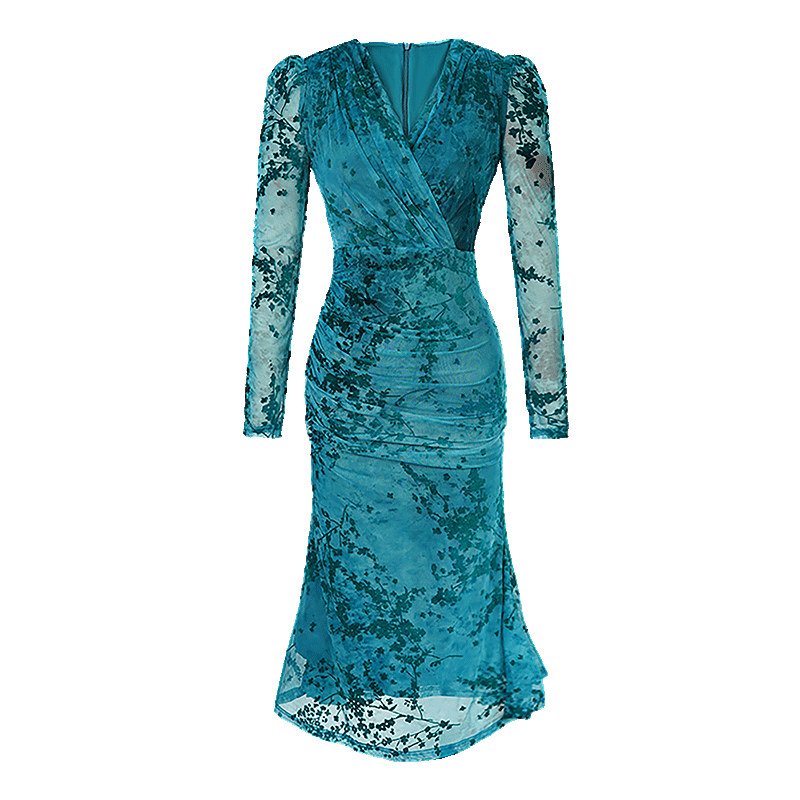 
Mid-length puff sleeves V-neck dress autumn banquet mermaid ink high waist fish tail skirt retro slim skirt