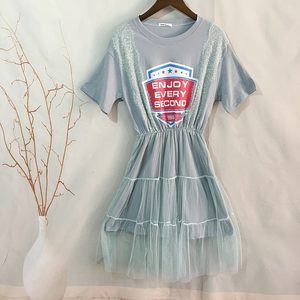 Women's clothing round collar tight high -waisted leisure stitching mesh short -sleeved cotton lady student dress summer skirt