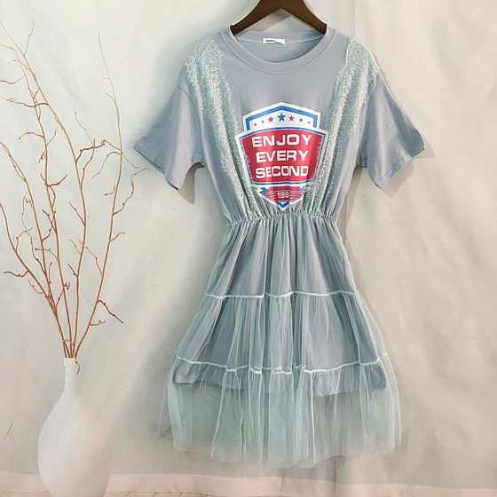 Women's clothing round collar tight high -waisted leisure stitching mesh short -sleeved cotton lady student dress summer skirt