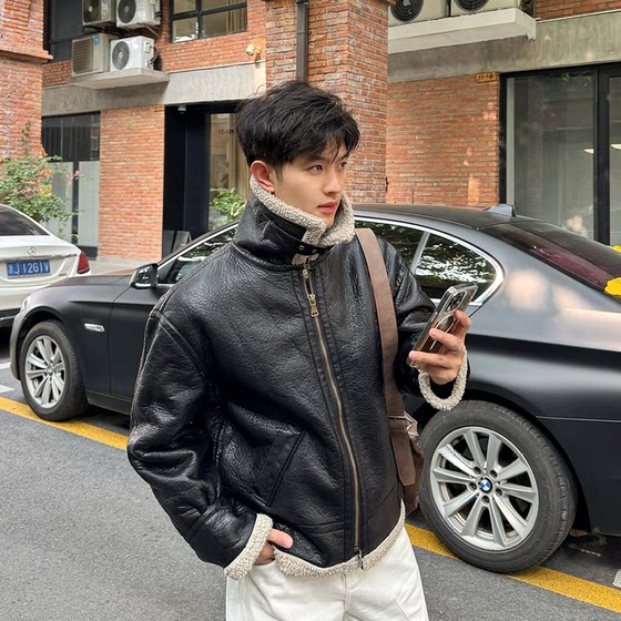 
Feixingji fur one-piece lamb fur coat men's thickened warm motorcycle jacket thickened black lapel jacket