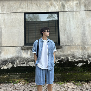 
Feixingji pocket workwear thin soft drape denim short-sleeved shirt shirt boys new summer top