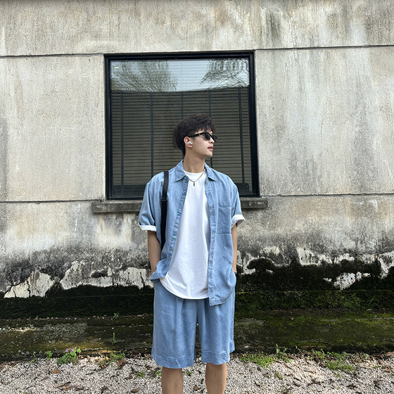 
Feixingji pocket workwear thin soft drape denim short-sleeved shirt shirt boys new summer top