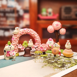 Cute Cherry Blossom Party Spring Animal Desktop Ornaments Japanese Creative Cartoon Mini Resin Ornaments Lucky Cat