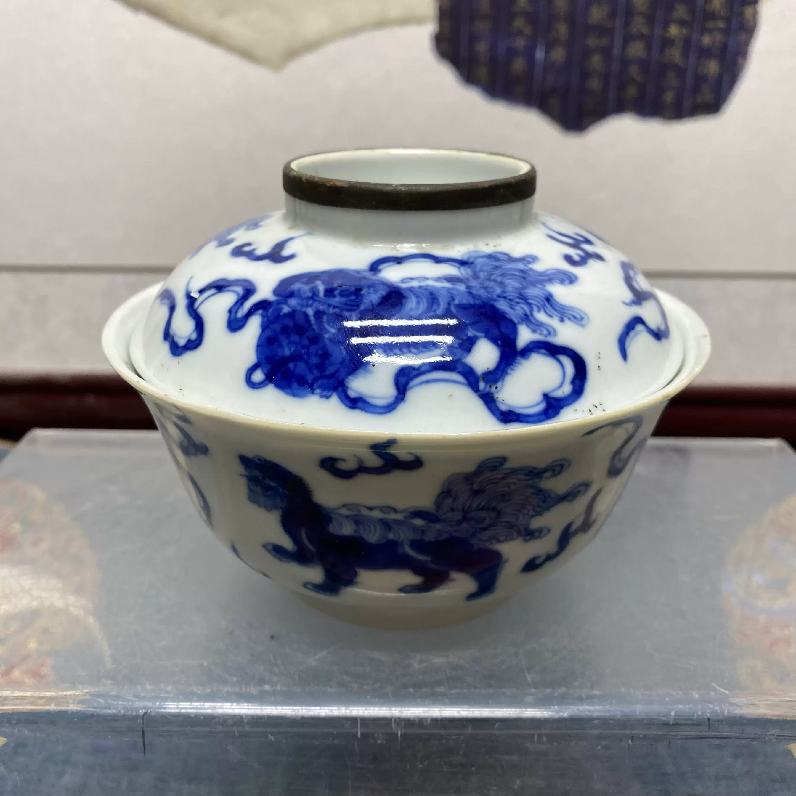 清晚期锦堂福记款【五世同堂】青花盖碗15/古玩/清